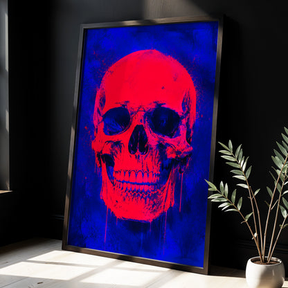 Electric Crimson Skull, red, blue, black abstract wall art displayed in a styled interior, gallery view 6