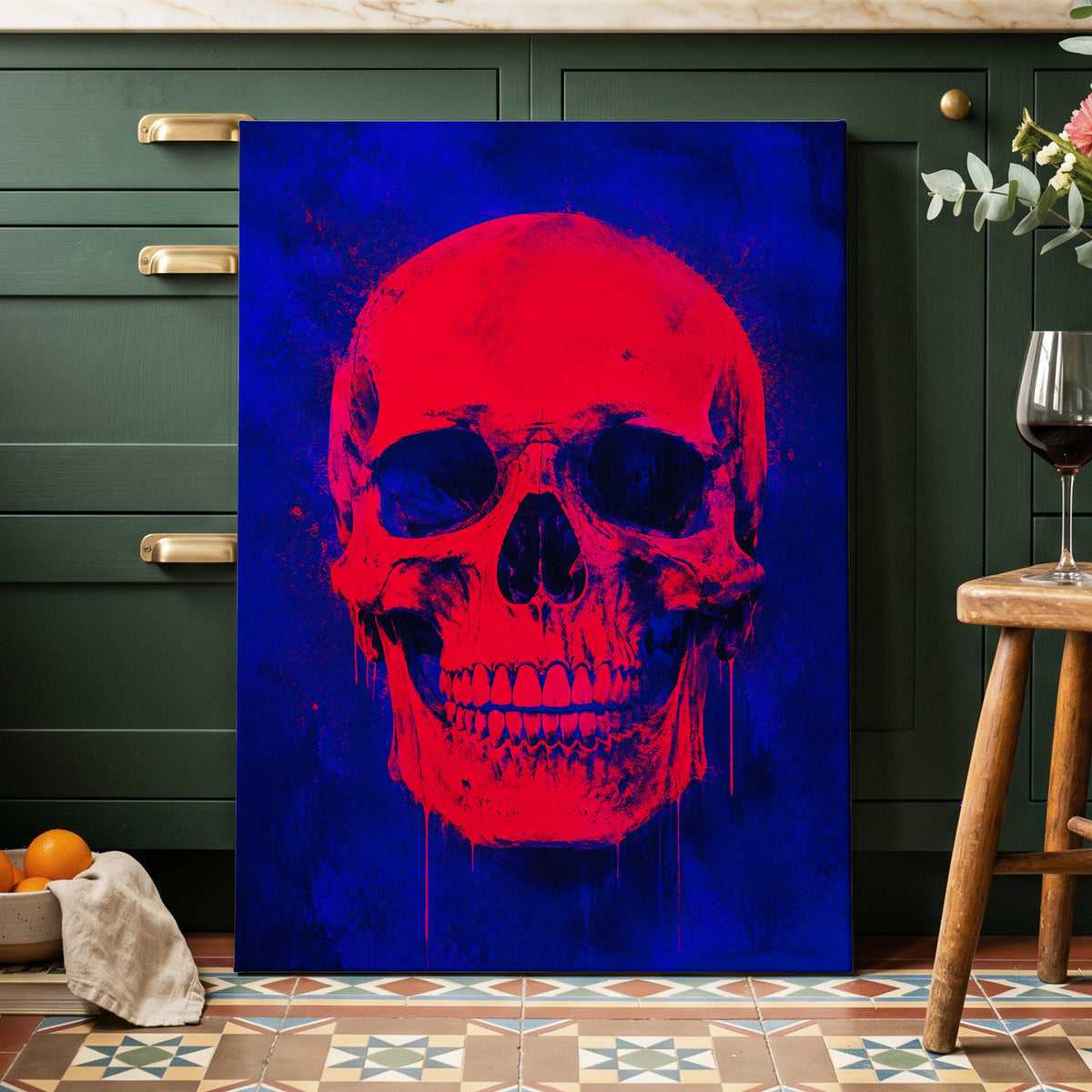 Electric Crimson Skull, red, blue, black abstract wall art displayed in a styled interior, gallery view 7