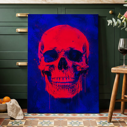 Electric Crimson Skull, red, blue, black abstract wall art displayed in a styled interior, gallery view 7