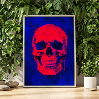 Electric Crimson Skull, red, blue, black abstract wall art displayed in a styled interior, gallery view 8