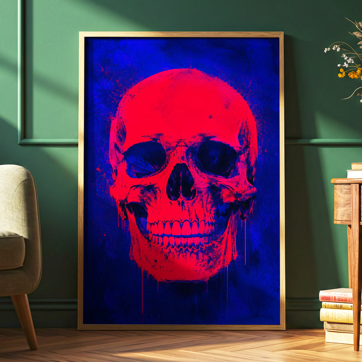 Electric Crimson Skull, red, blue, black abstract wall art displayed in a styled interior, gallery view 9