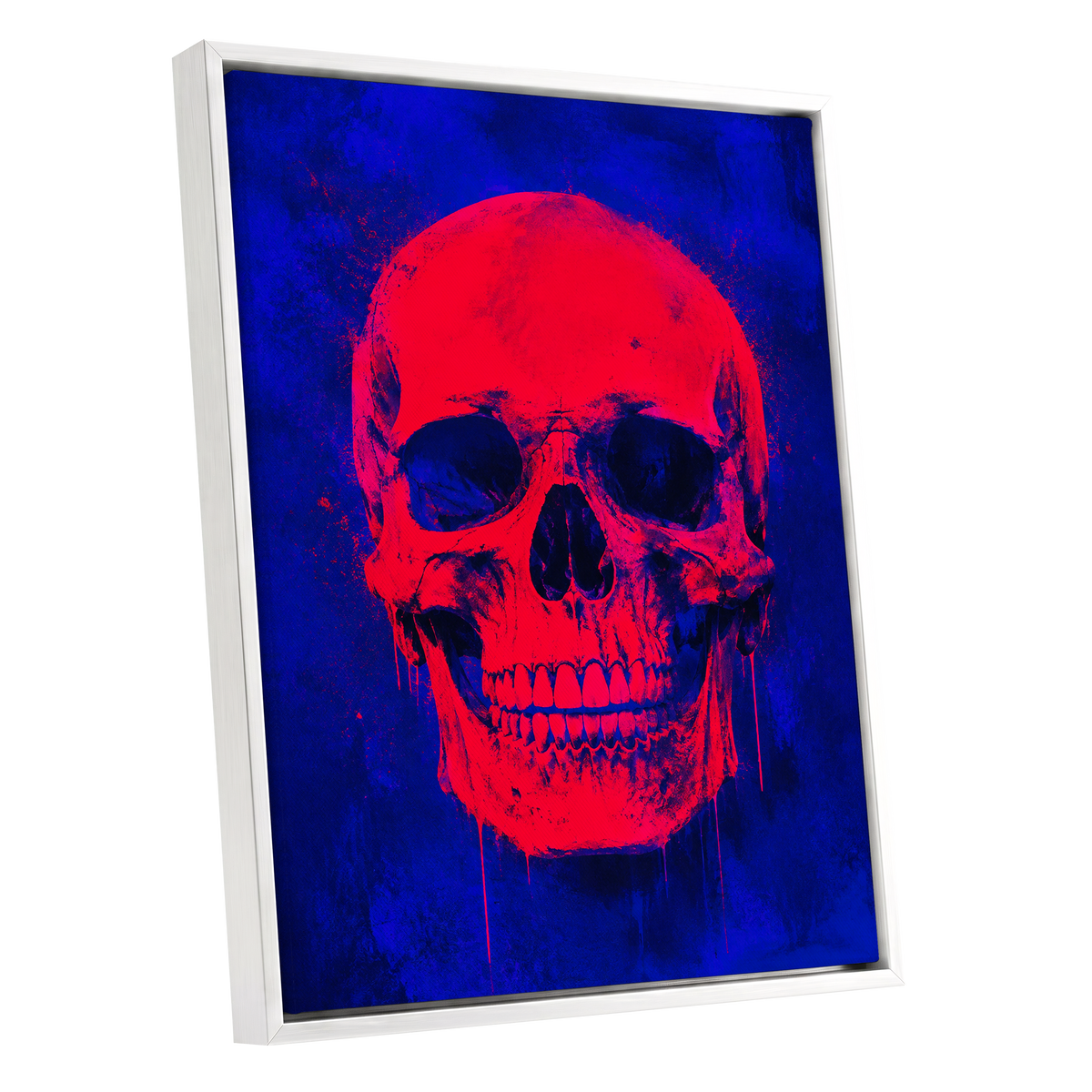 Electric Crimson Skull, red, blue, black abstract wall art shown as a white framed canvas wall art