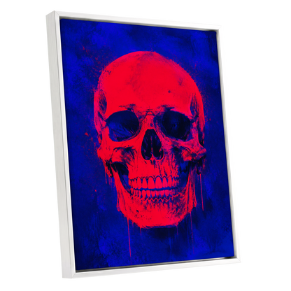 Electric Crimson Skull, red, blue, black abstract wall art shown as a white framed canvas wall art