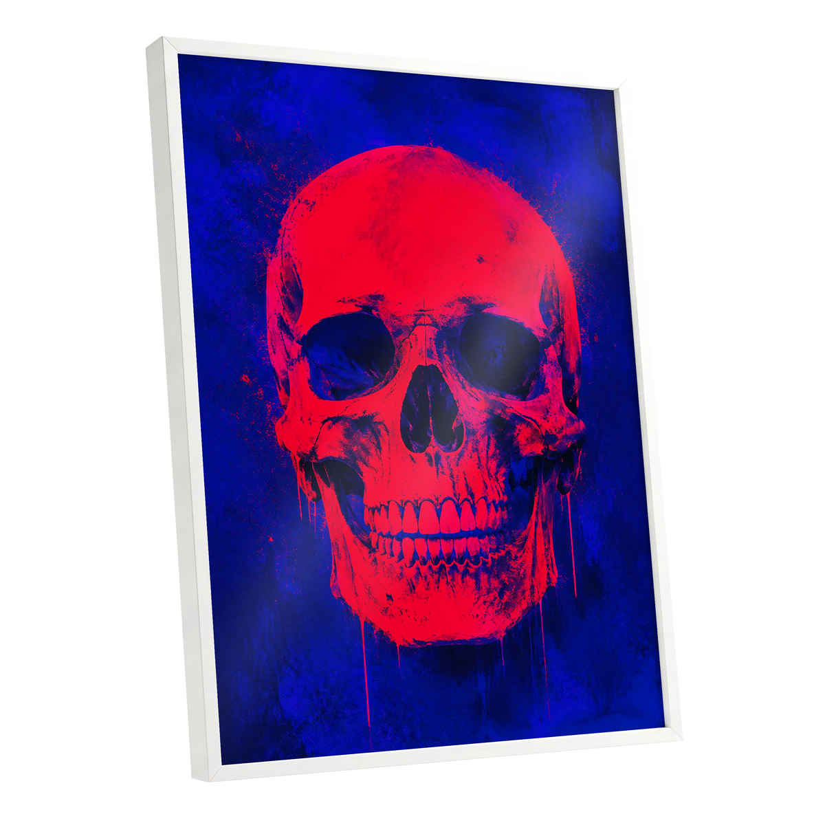 Electric Crimson Skull, red, blue, black abstract wall art shown as a white framed poster wall art print
