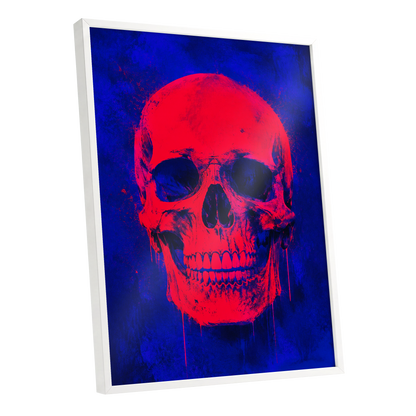 Electric Crimson Skull, red, blue, black abstract wall art shown as a white framed poster wall art print