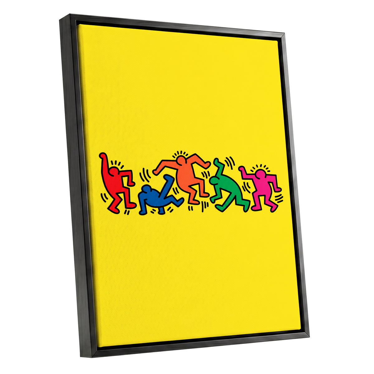 Electric Dance Parade, yellow, black, multicolor minimalist wall art shown as a black framed canvas wall art