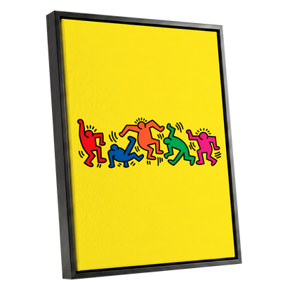 Electric Dance Parade, yellow, black, multicolor minimalist wall art shown as a black framed canvas wall art