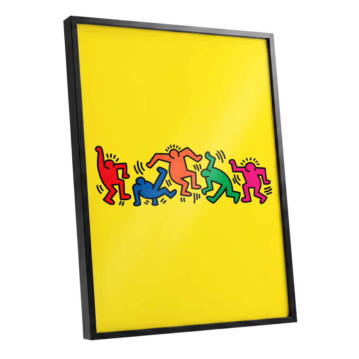 Electric Dance Parade, yellow, black, multicolor minimalist wall art shown as a black framed poster wall art print