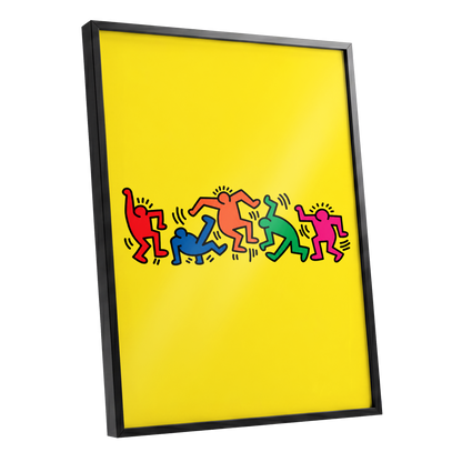 Electric Dance Parade, yellow, black, multicolor minimalist wall art shown as a black framed poster wall art print