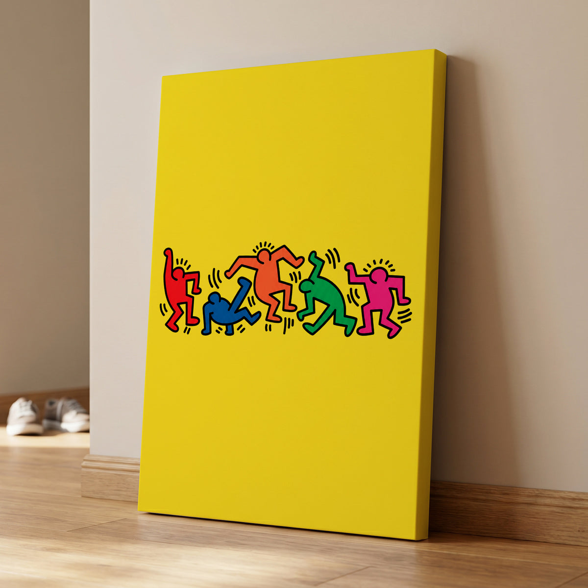 Electric Dance Parade, yellow, black, multicolor minimalist wall art on canvas displayed in a styled interior, gallery view 1