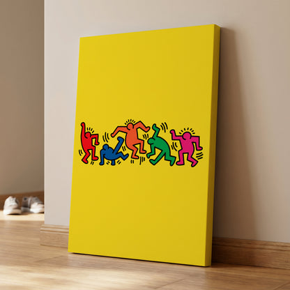 Electric Dance Parade, yellow, black, multicolor minimalist wall art on canvas displayed in a styled interior, gallery view 1