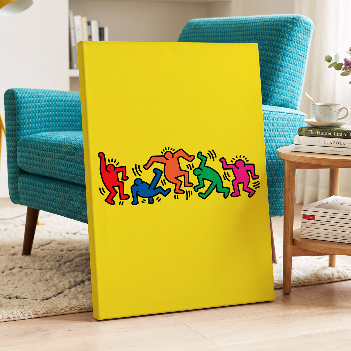 Electric Dance Parade, yellow, black, multicolor minimalist wall art on canvas displayed in a styled interior, gallery view 2