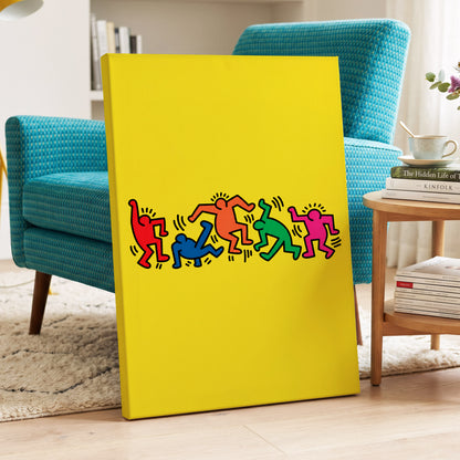 Electric Dance Parade, yellow, black, multicolor minimalist wall art on canvas displayed in a styled interior, gallery view 2