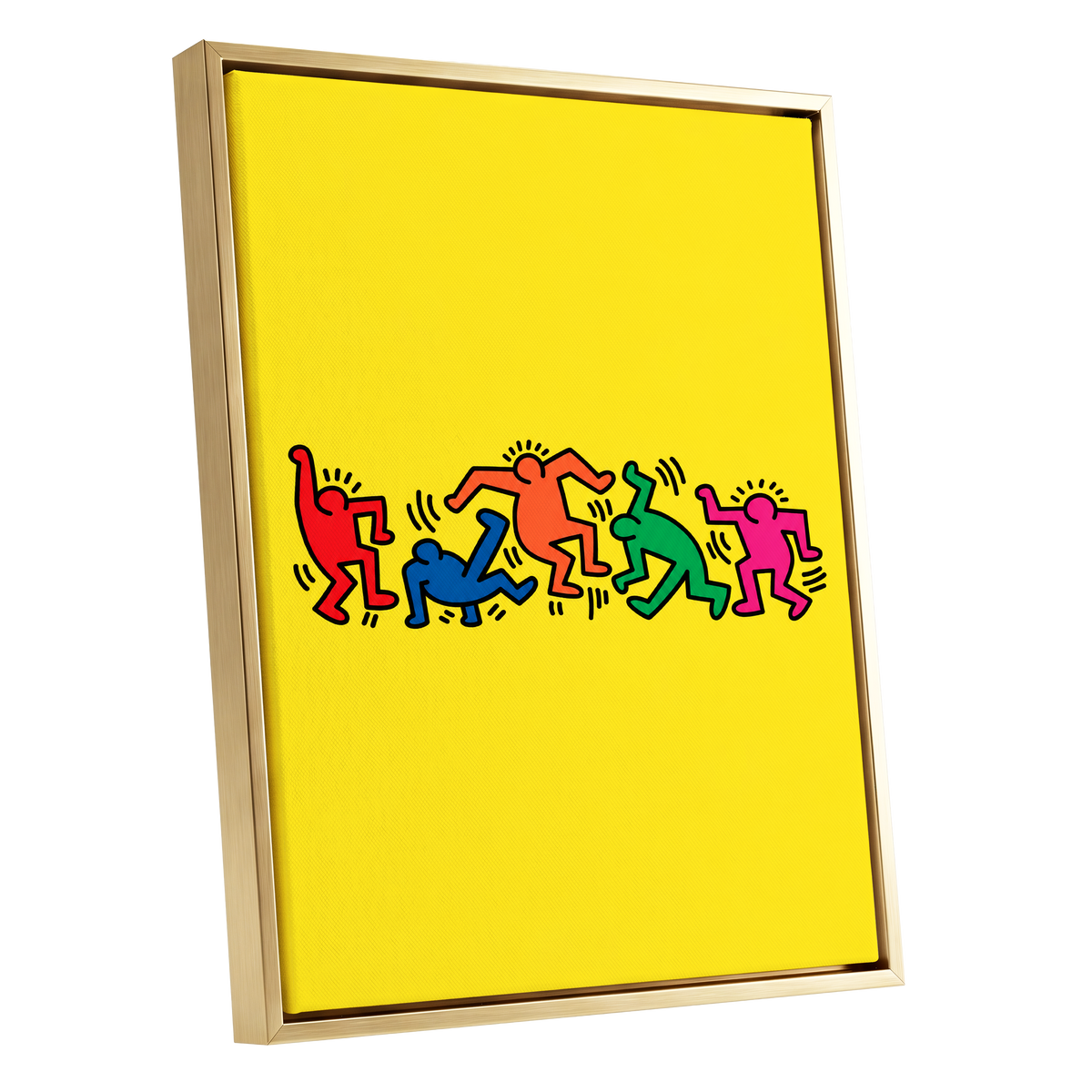 Electric Dance Parade, yellow, black, multicolor minimalist wall art shown as a gold framed canvas wall art