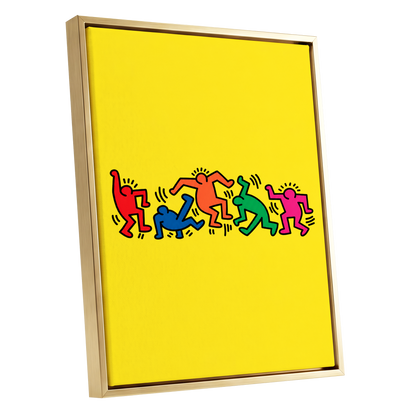 Electric Dance Parade, yellow, black, multicolor minimalist wall art shown as a gold framed canvas wall art