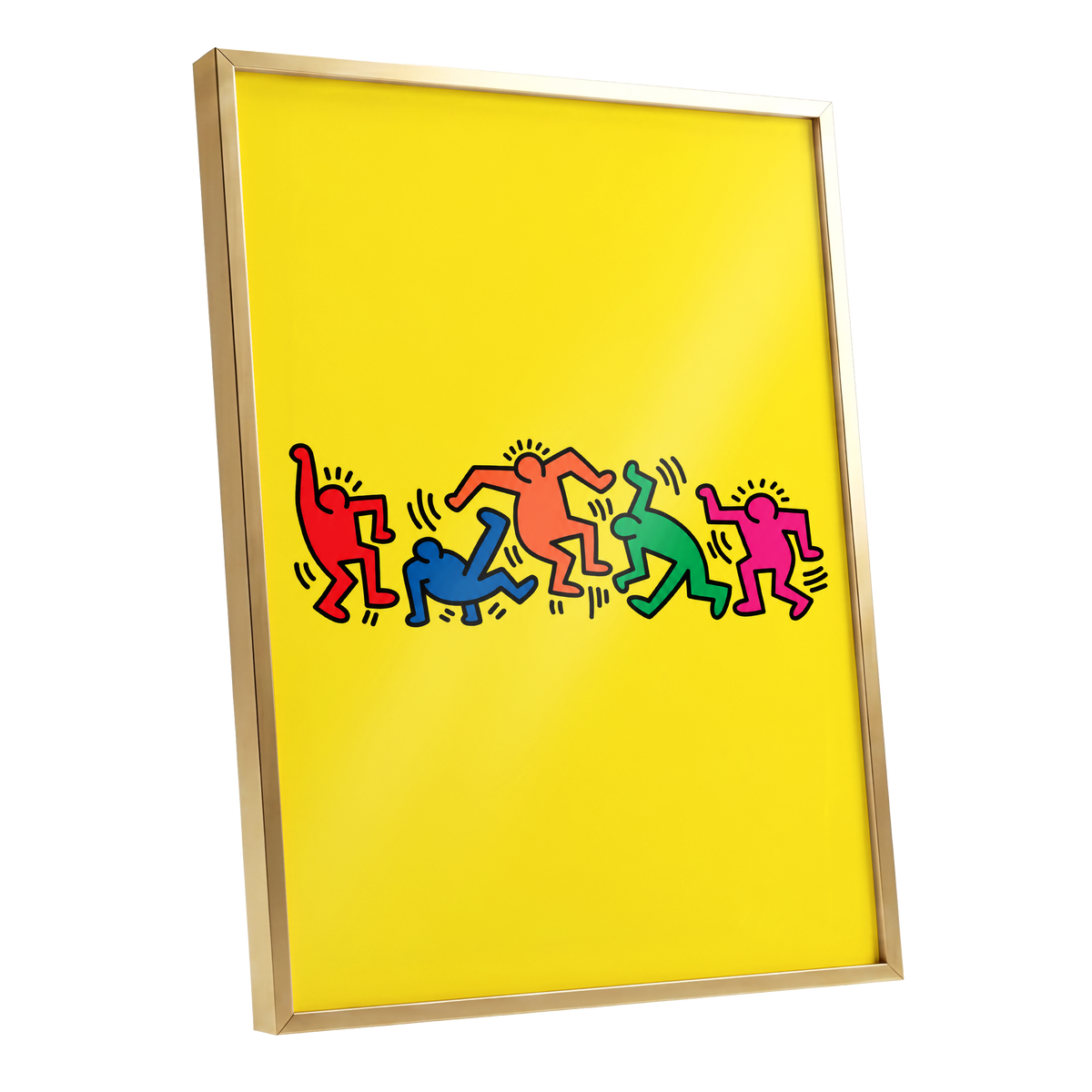 Electric Dance Parade, yellow, black, multicolor minimalist wall art shown as a gold framed poster wall art print