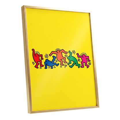 Electric Dance Parade, yellow, black, multicolor minimalist wall art shown as a gold framed poster wall art print