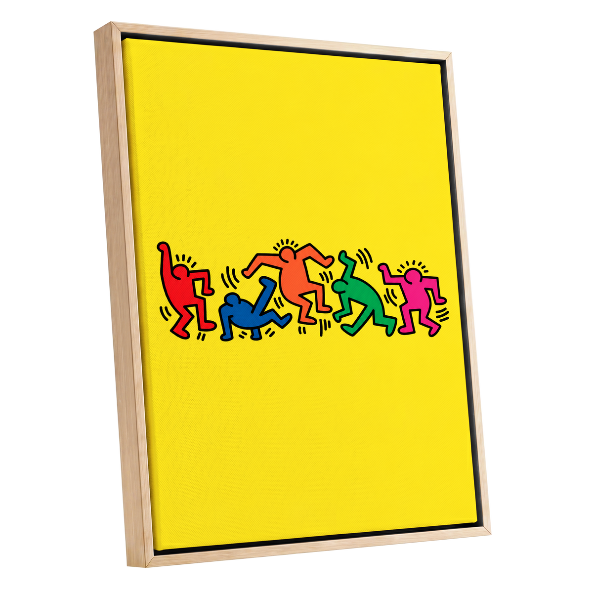 Electric Dance Parade, yellow, black, multicolor minimalist wall art shown as a oak framed canvas wall art