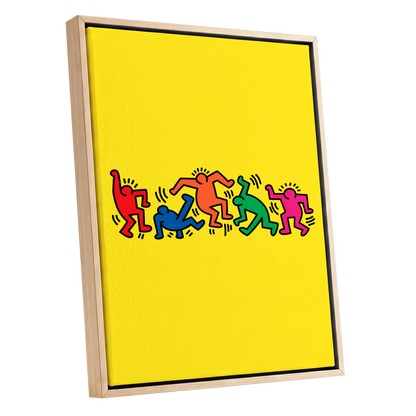 Electric Dance Parade, yellow, black, multicolor minimalist wall art shown as a oak framed canvas wall art