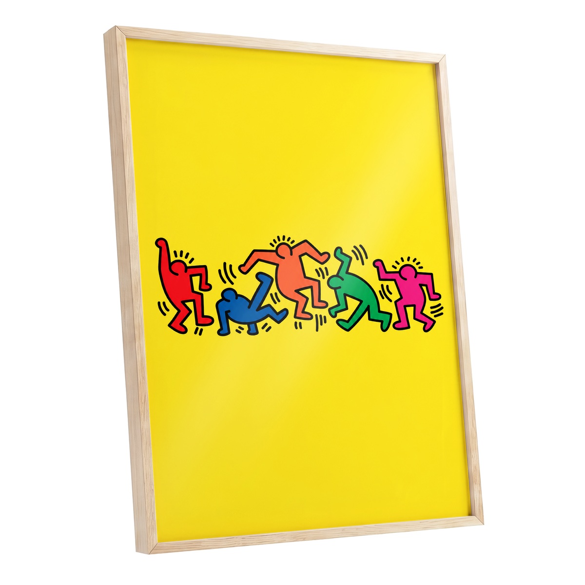 Electric Dance Parade, yellow, black, multicolor minimalist wall art shown as a oak framed poster wall art print