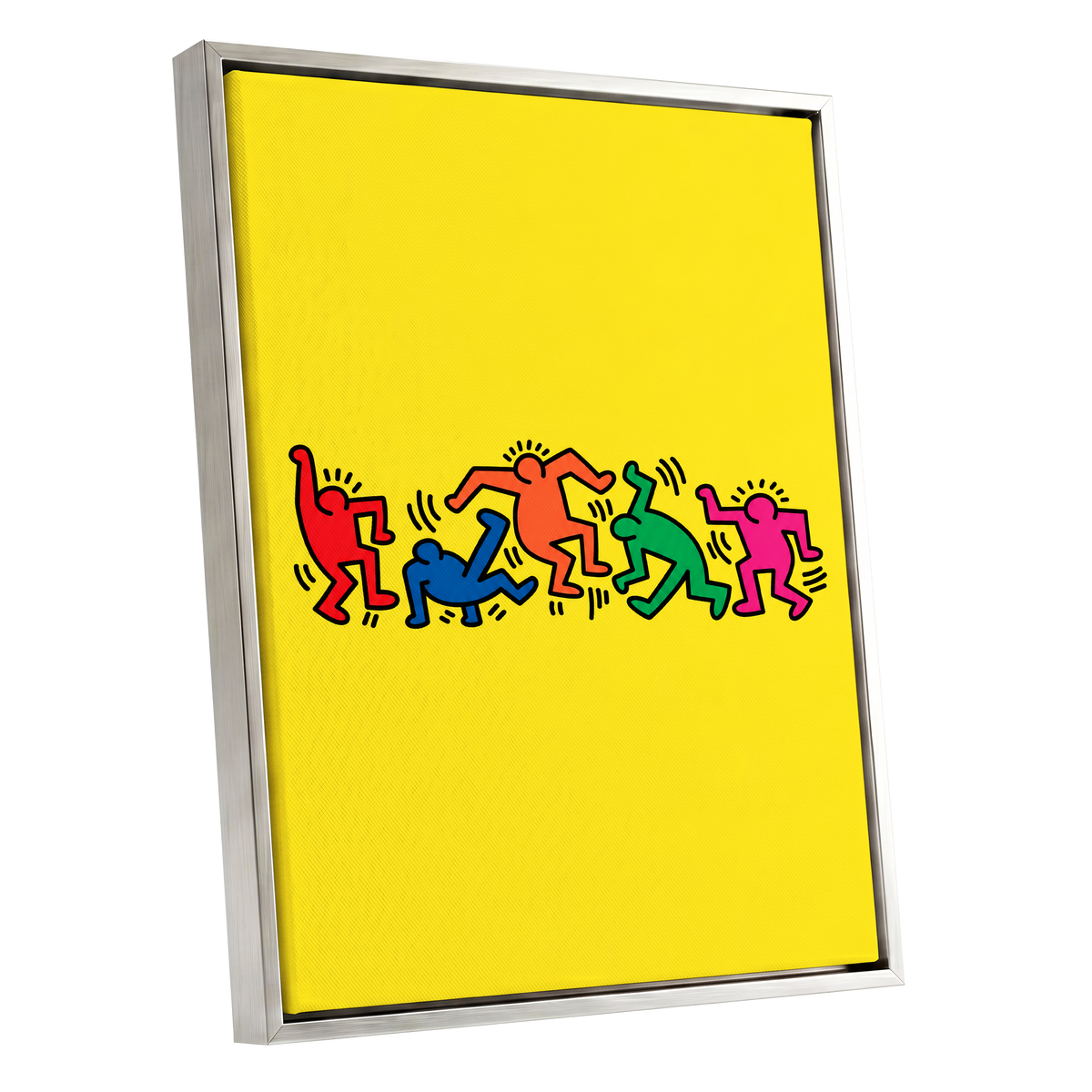 Electric Dance Parade, yellow, black, multicolor minimalist wall art shown as a silver framed canvas wall art