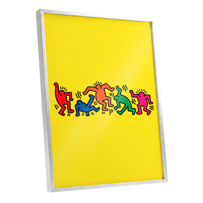 Electric Dance Parade, yellow, black, multicolor minimalist wall art shown as a silver framed poster wall art print