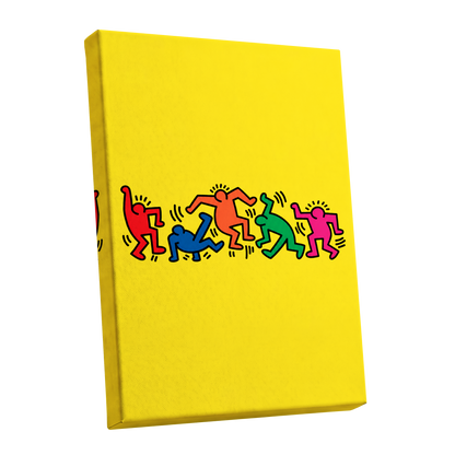Electric Dance Parade, yellow, black, multicolor minimalist wall art shown as a stretched canvas wall art