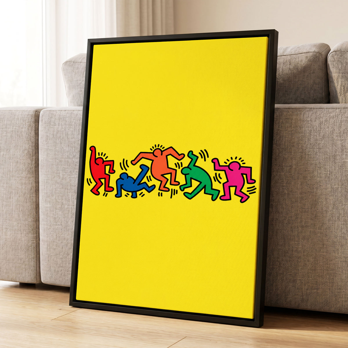 Electric Dance Parade, yellow, black, multicolor minimalist wall art displayed in a styled interior, gallery view 1