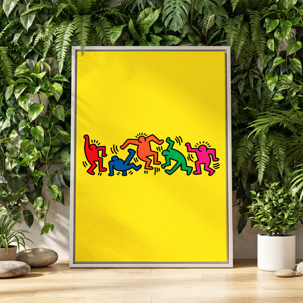 Electric Dance Parade, yellow, black, multicolor minimalist wall art displayed in a styled interior, gallery view 2