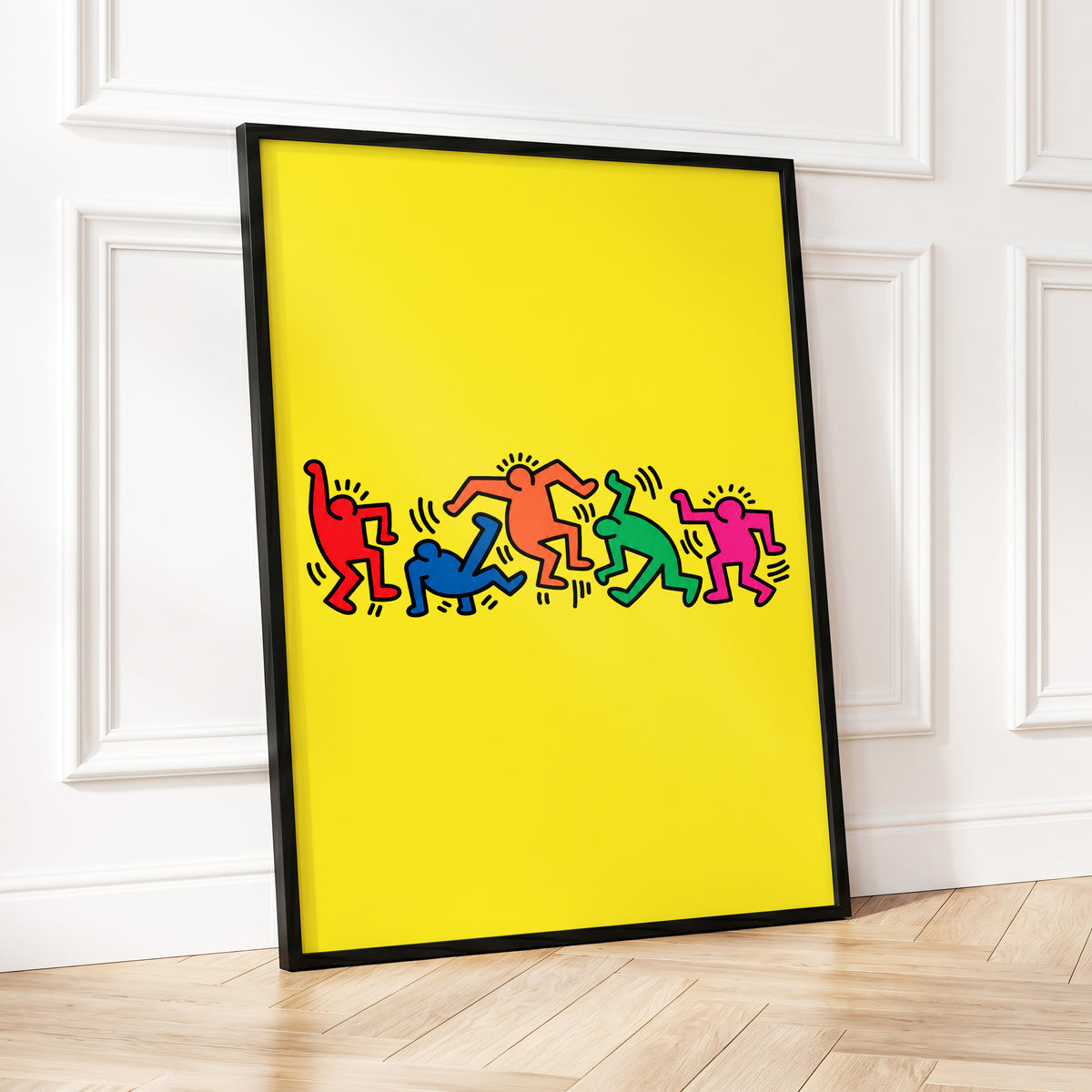 Electric Dance Parade, yellow, black, multicolor minimalist wall art displayed in a styled interior, gallery view 5