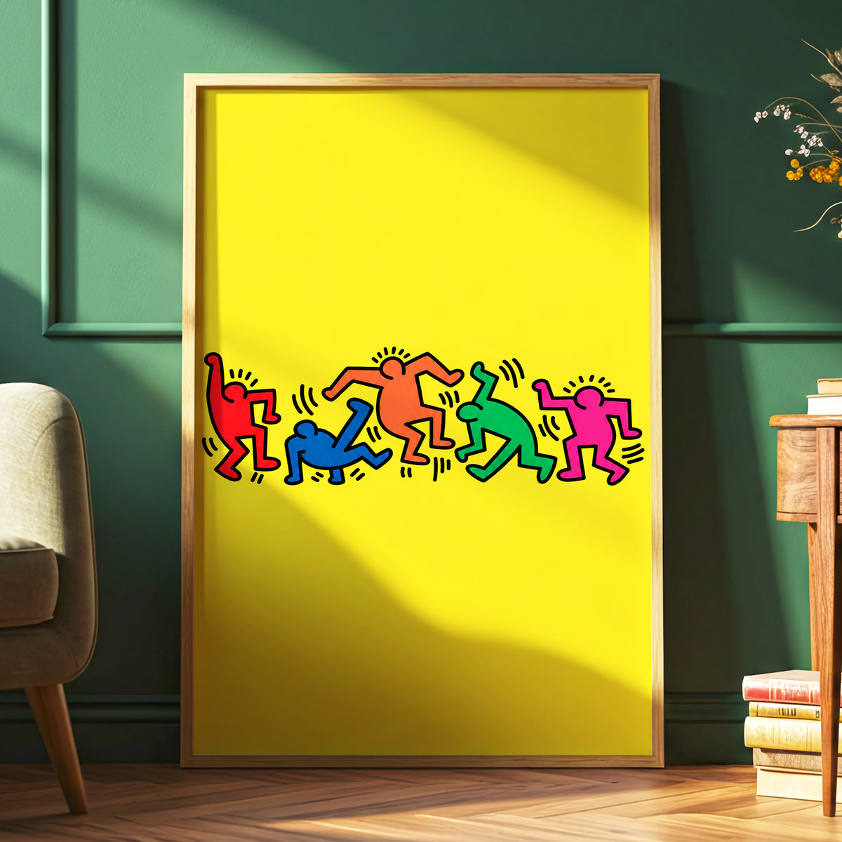 Electric Dance Parade, yellow, black, multicolor minimalist wall art displayed in a styled interior, gallery view 6