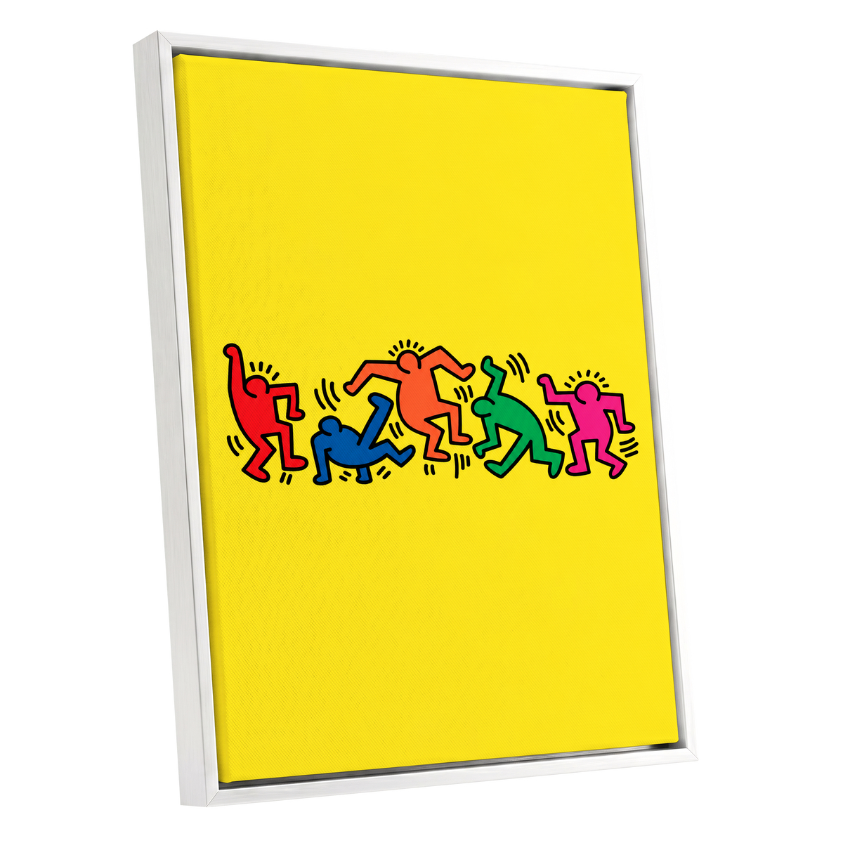 Electric Dance Parade, yellow, black, multicolor minimalist wall art shown as a white framed canvas wall art