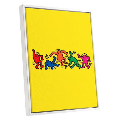 Electric Dance Parade, yellow, black, multicolor minimalist wall art shown as a white framed canvas wall art