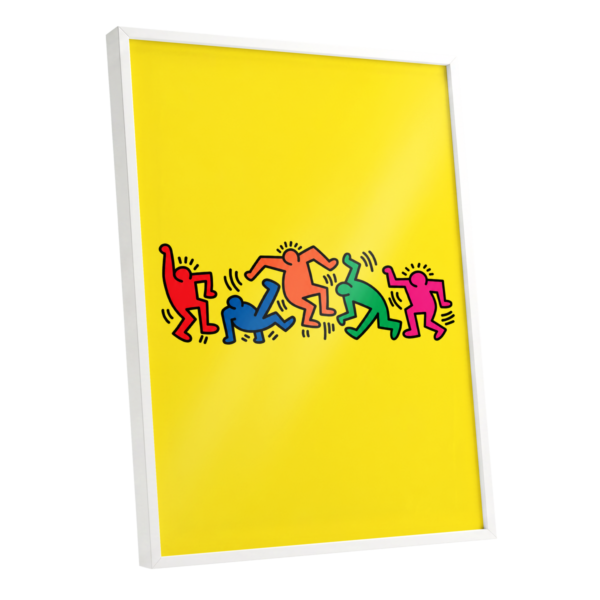 Electric Dance Parade, yellow, black, multicolor minimalist wall art shown as a white framed poster wall art print