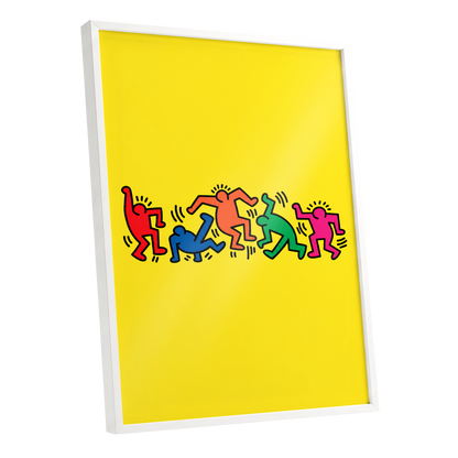 Electric Dance Parade, yellow, black, multicolor minimalist wall art shown as a white framed poster wall art print
