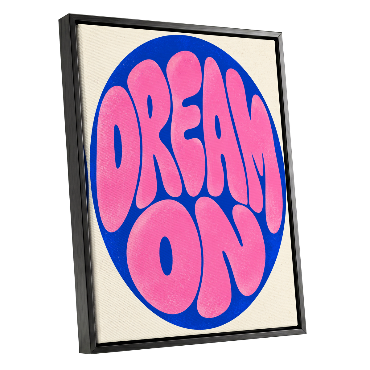 Electric Daydream, pink, blue, beige abstract wall art shown as a black framed canvas wall art