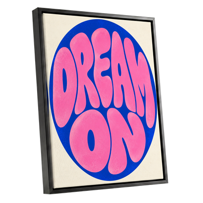 Electric Daydream, pink, blue, beige abstract wall art shown as a black framed canvas wall art