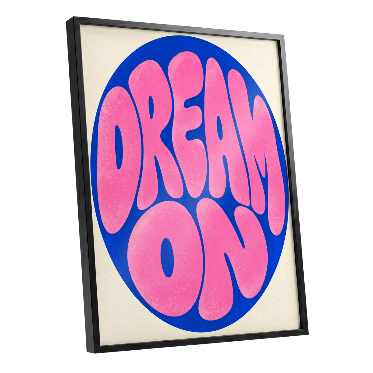 Electric Daydream, pink, blue, beige abstract wall art shown as a black framed poster wall art print