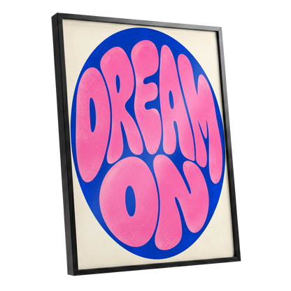 Electric Daydream, pink, blue, beige abstract wall art shown as a black framed poster wall art print