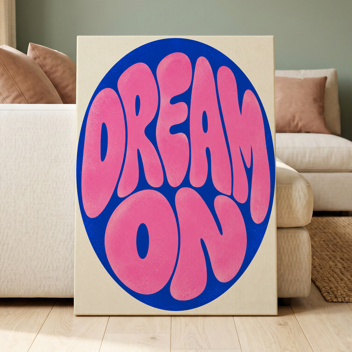 Electric Daydream, pink, blue, beige abstract wall art on canvas displayed in a styled interior, gallery view 1