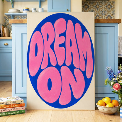 Electric Daydream, pink, blue, beige abstract wall art on canvas displayed in a styled interior, gallery view 2