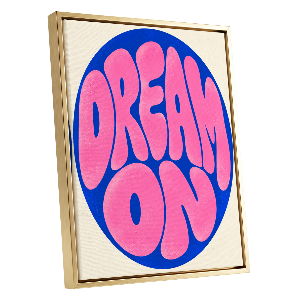 Electric Daydream, pink, blue, beige abstract wall art shown as a gold framed canvas wall art