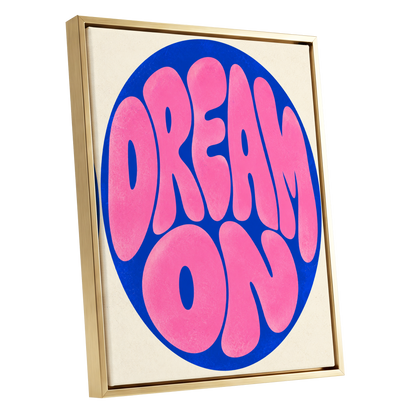 Electric Daydream, pink, blue, beige abstract wall art shown as a gold framed canvas wall art
