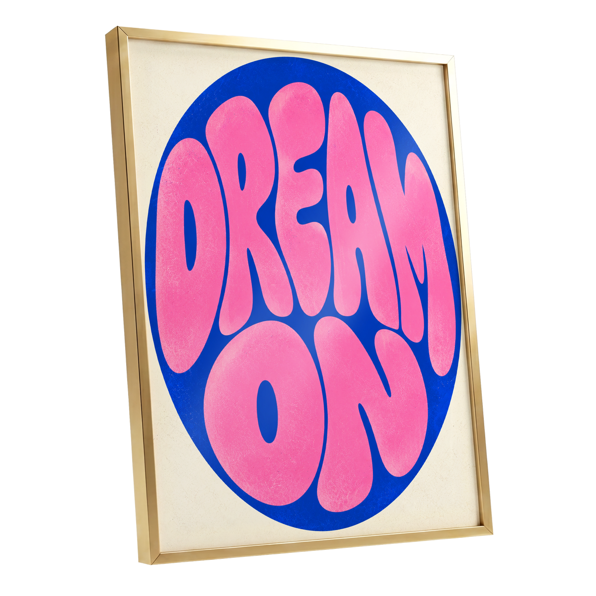Electric Daydream, pink, blue, beige abstract wall art shown as a gold framed poster wall art print