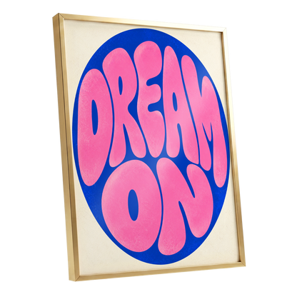 Electric Daydream, pink, blue, beige abstract wall art shown as a gold framed poster wall art print