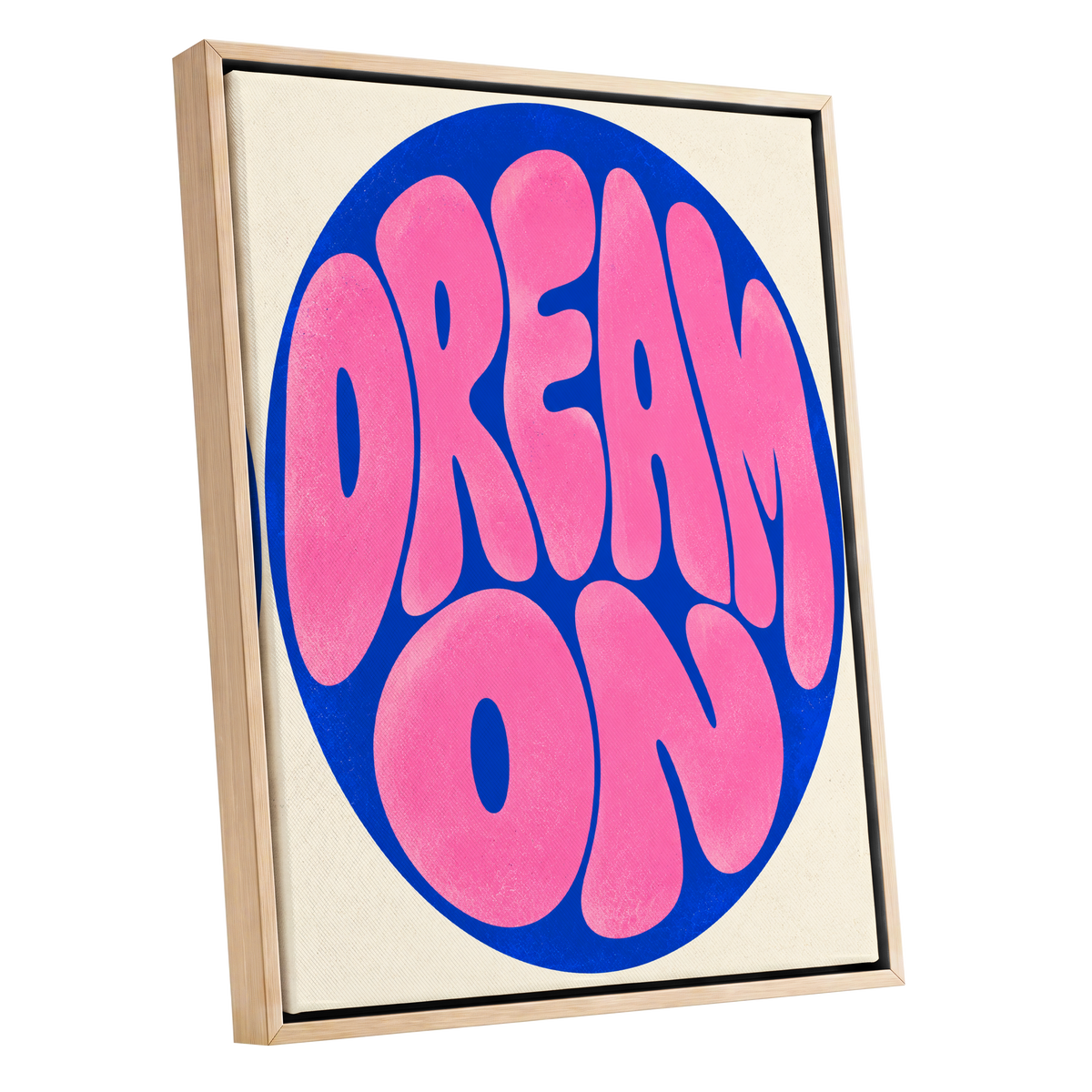 Electric Daydream, pink, blue, beige abstract wall art shown as a oak framed canvas wall art