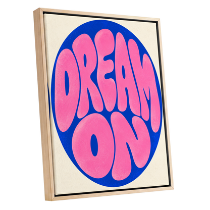 Electric Daydream, pink, blue, beige abstract wall art shown as a oak framed canvas wall art