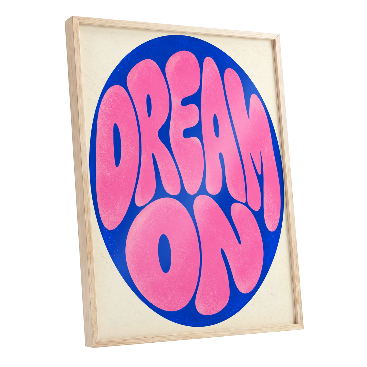 Electric Daydream, pink, blue, beige abstract wall art shown as a oak framed poster wall art print