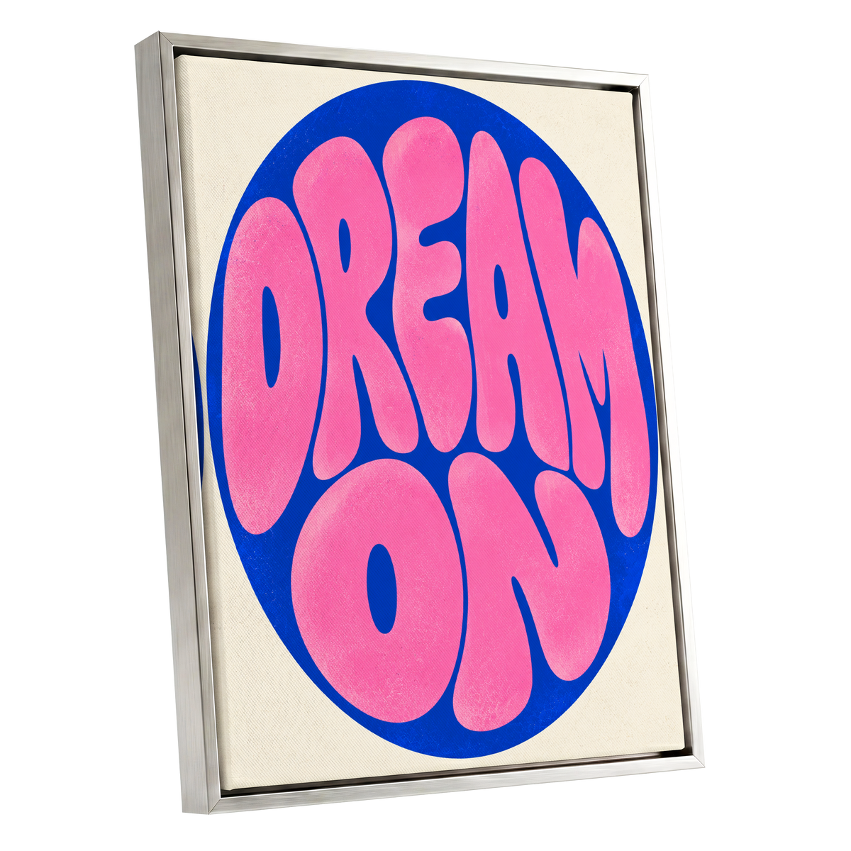 Electric Daydream, pink, blue, beige abstract wall art shown as a silver framed canvas wall art