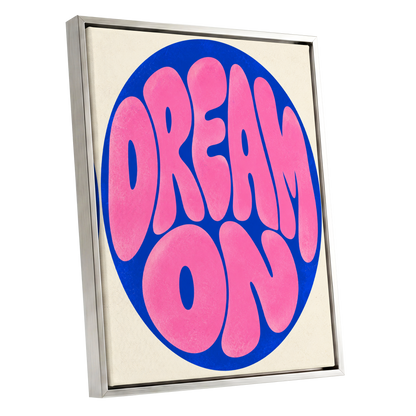 Electric Daydream, pink, blue, beige abstract wall art shown as a silver framed canvas wall art